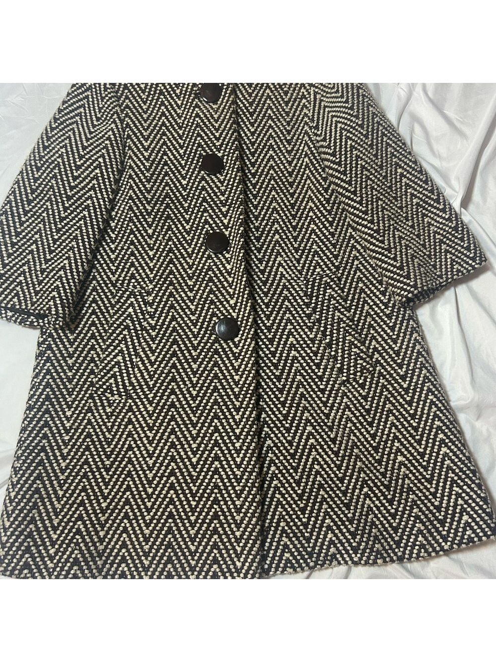Michael Kors Sz M Black & Ecru Herringbone Wool Blend Pea Coat 3/4 Sleeves